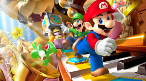 Los personajes del juego mario bros corriendo sobre un piano