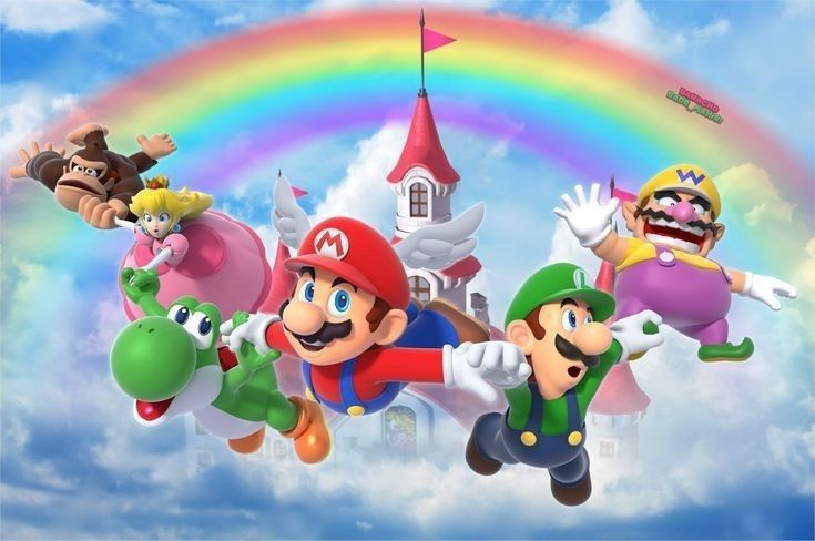 Mario llevando a todos sus compañeros volando