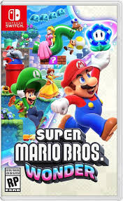 Por
tada del juego de Mario bros wonder con mario saltando con una flor y
compañia atras