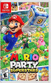 Una
portada con los personajes en un tablero y mario saltando feliz con un
dado